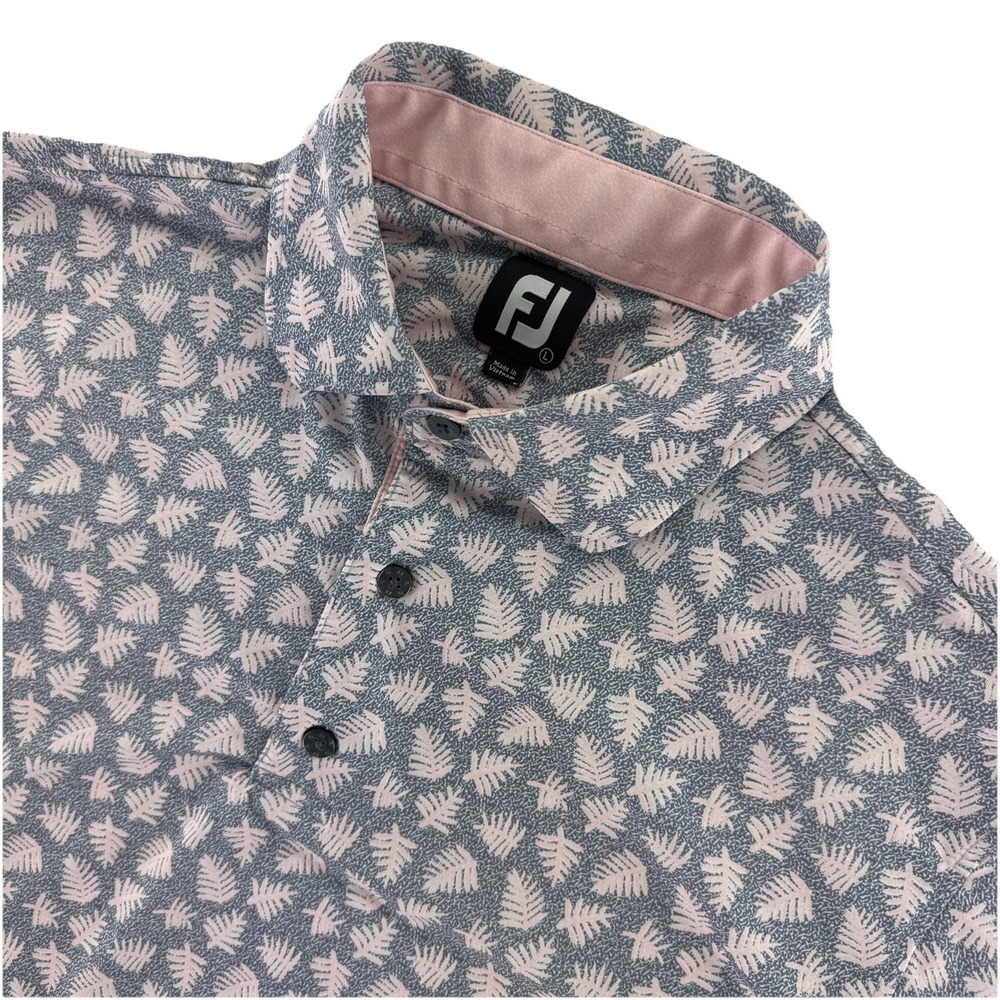 FJ Footjoy Golf Polo Shirt Men's Large All Over Leaf Print Blue Pink